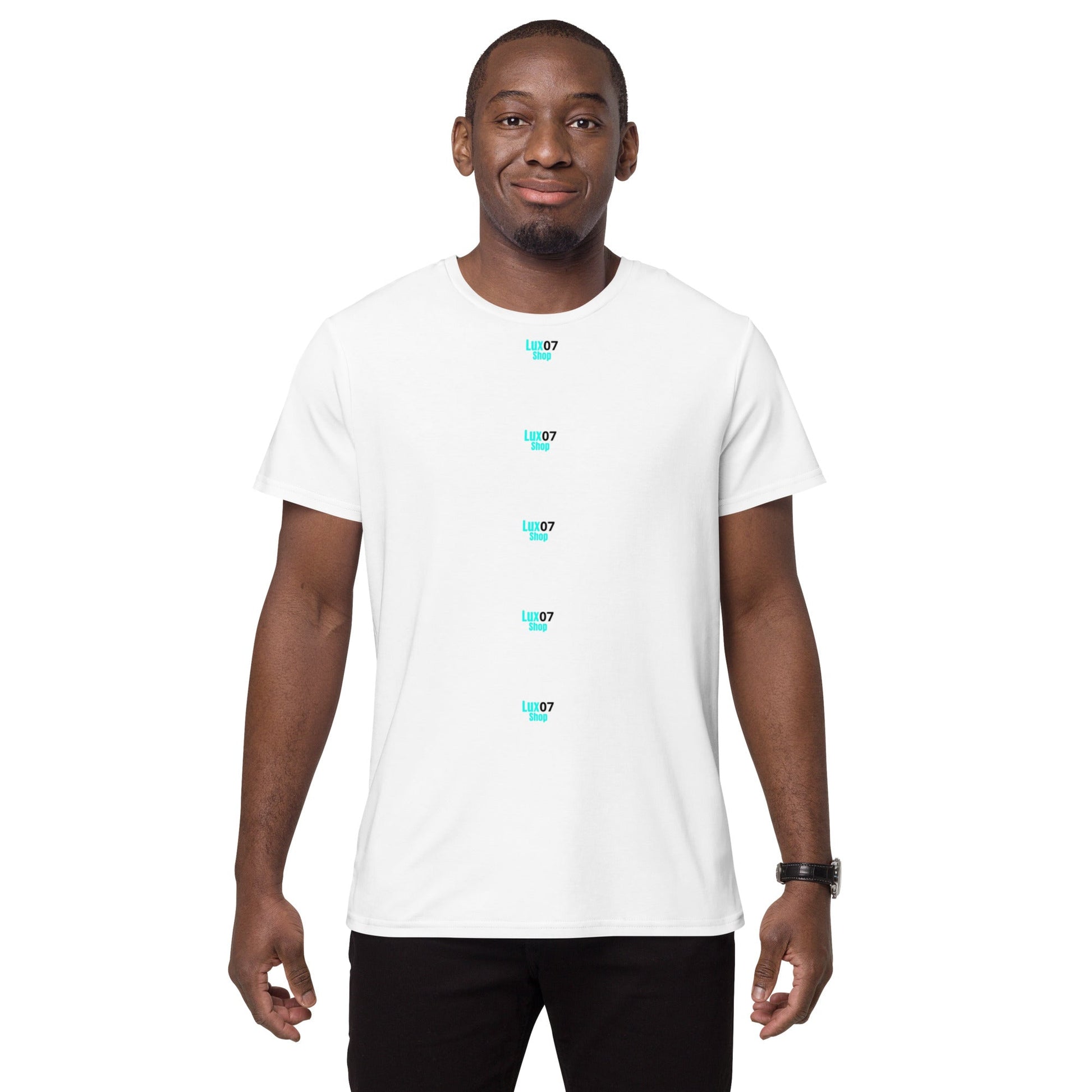 Lux shop 07 T-shirt on model, white, short-sleeve, featuring Lux shop logo.