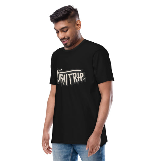 Man wearing a black driptrap t-shirt with stylish graphic design, showcasing breathable and lightweight fabric.