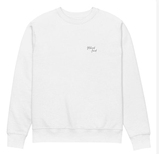 White sweatshirt with exclusive 'Mohamed Jawad' signature, streetwear style.