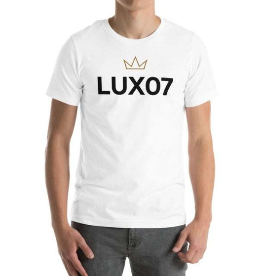 Lux 07 T-shirt, white with black "LUX07" text and a crown graphic, offering style and comfort.