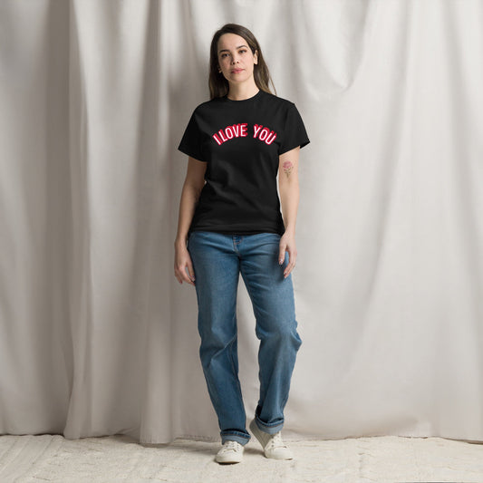 Unisex black T-shirt with "I Love You" graphic, 100% cotton, trendy and comfortable.