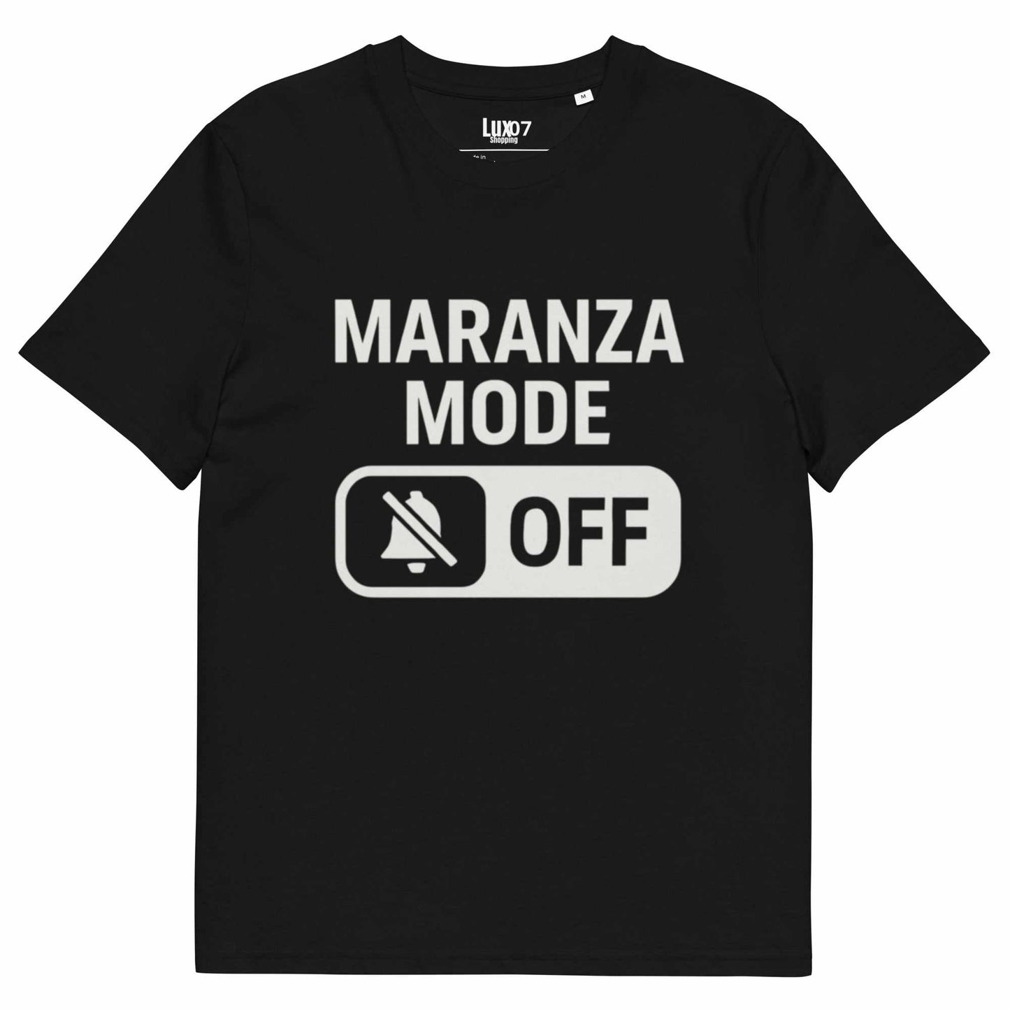 Black T-shirt with "Maranza Mode Off" design, high quality and comfortable fit.