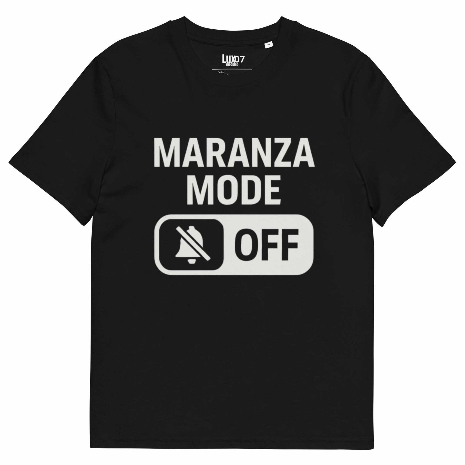 Black T-shirt with "Maranza Mode Off" design, high quality and comfortable fit.
