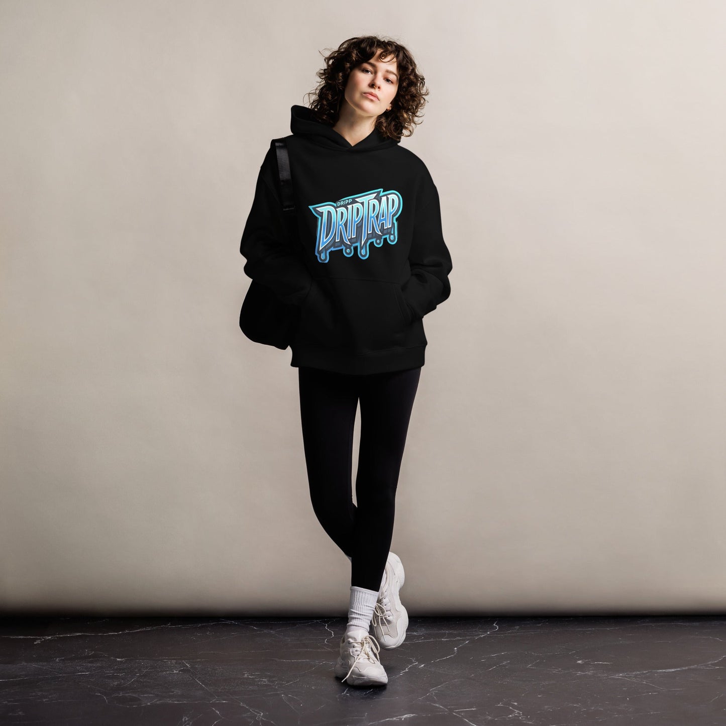 Driptrap hoodie restyling in black, featuring a unique unisex design, 80% cotton, 20% recycled polyester.
