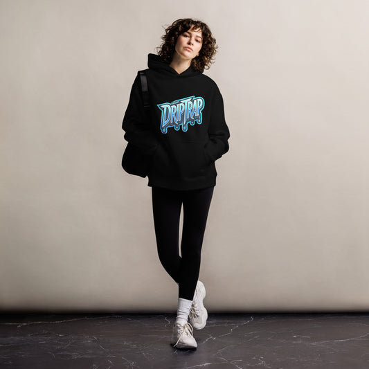 Driptrap hoodie restyling in black, featuring a unique unisex design, 80% cotton, 20% recycled polyester.