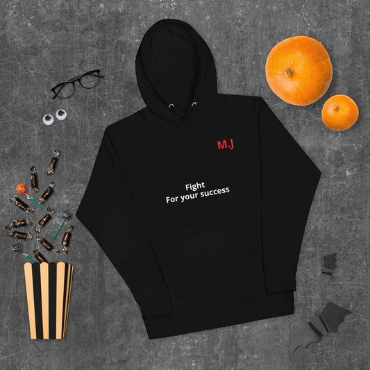 Unisex black hoodie with "Fight For your success" text, featuring a front pocket and matching drawstring.